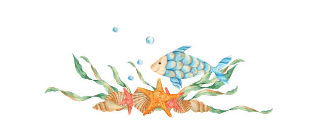 istock Underwater garland composition of fish, seaweeds, red starfish, seashells and watter bubbles. Watercolor marine illustration. For cards, menu, marine beach design. 1634487487