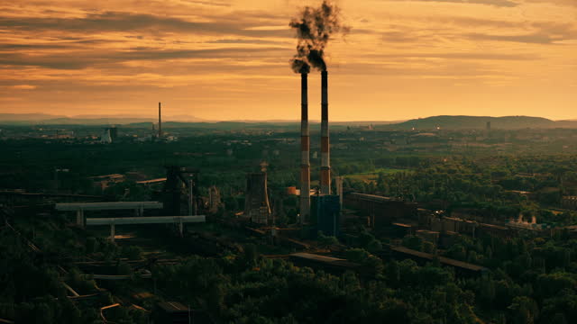 Pollution. Aerial View of a Coal Fired Power Station. Chimneys. Environmental Damage.