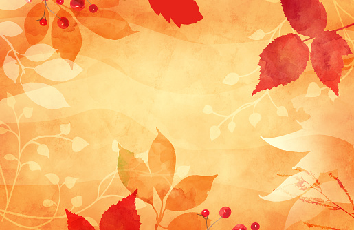 Hojas de otoño u otoño en fondo floral de acuarela para diseños de acción de gracias u otoño, rojo anaranjado y colores melocotón, contornos abstractos de hojas y enredadera de hiedra en borde de fondo naranja photo