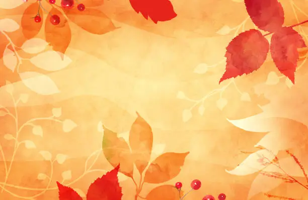 Photo of Autumn or fall leaves in floral watercolor background for thanksgiving or fall designs, orange red and peach colors, abstract outlines of leaves and ivy vine on border of orange background