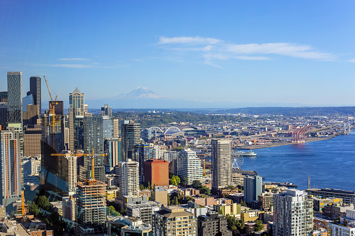 Aerial views of downtown Seattle on a summer day