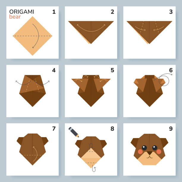 Bear origami scheme tutorial moving model. Origami for kids. Bear origami scheme tutorial moving model. Origami for kids. Step by step how to make a cute origami bear. Vector illustration. origami instructions stock illustrations