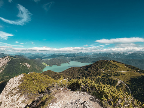 View from mountain Herzogstand to lake Walchensee, Bavaria, Germany