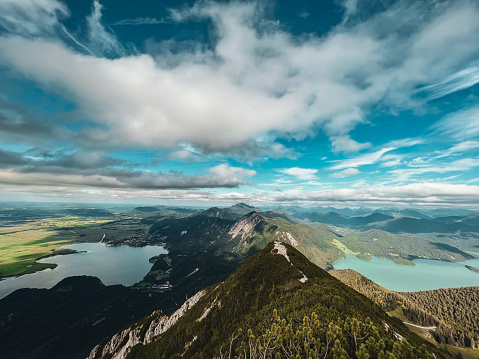 View from mountain Herzogstand to lake Kochelsee on the left and lake Walchensee on the right, Bavaria, Germany