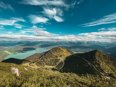 View from mountain Herzogstand to lake Kochelsee and lake Walchensee, Bavaria, Germany