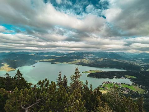 View from mountain Herzogstand to lake Walchensee, Bavaria, Germany