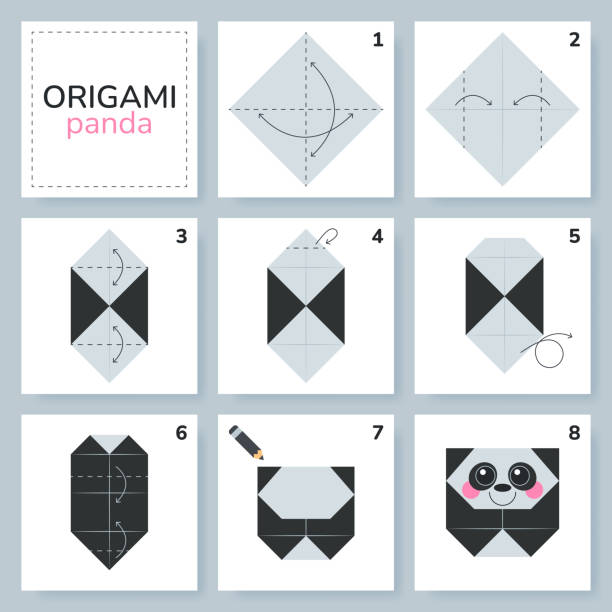 Panda origami scheme tutorial moving model. Panda origami scheme tutorial moving model. Origami for kids. Step by step how to make a cute origami panda. Vector illustration. origami instructions stock illustrations