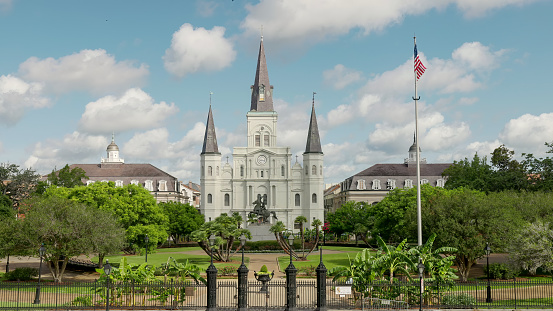 a summer morning wide shot of jackson square in new orleans of louisiana, usa