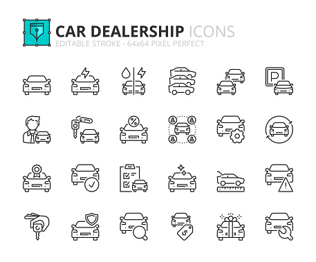 Line icons about car dealership. Contains such icons as sales, renting, comparatives, vehicle features and maintenance. Editable stroke Vector 64x64 pixel perfect