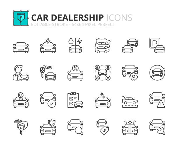 Simple set of outline icons about dealership Line icons about car dealership. Contains such icons as sales, renting, comparatives, vehicle features and maintenance. Editable stroke Vector 64x64 pixel perfect automobile industry stock illustrations