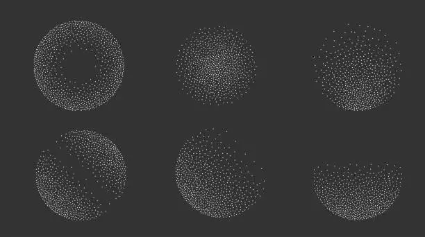 Vector illustration of Dotwork grain noise gradient circles. Pointillism gradient pattern on dark background. Radial stochastic grange texture set. Dotwork stipple halftone effect. Dotted sphere, stipple element. Vector