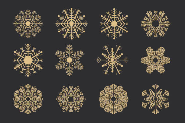 Set Golden snowflake crystal elegant line christmas decoration on dark background, collection winter ornament frozen element. Vector illustration Set Golden snowflake crystal elegant line christmas decoration on dark background, collection winter ornament frozen element. Vector illustration symbol snowflake icon set shiny stock illustrations