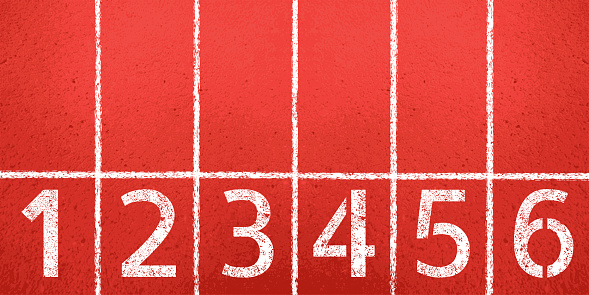 Top view of the starting position of the red rubber surface of the running track. Aerial view of the stadium competition lane numbers separated by white lines. Vector illustration of sports background