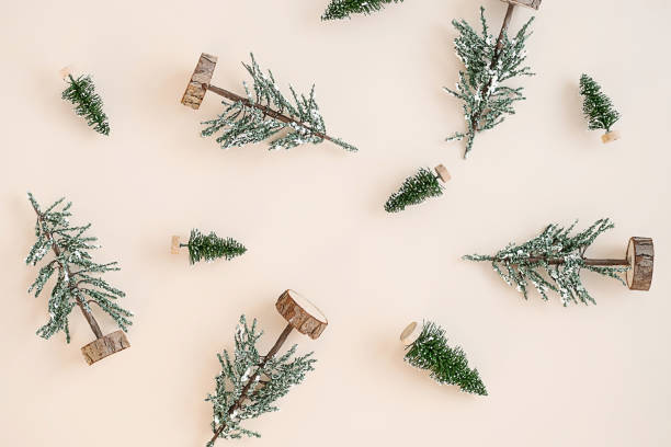istock Winter holidays arrangement. Toy fir trees layout. 1634779024