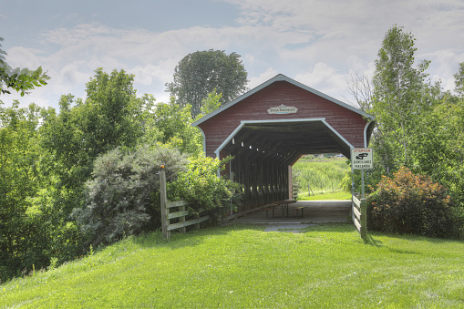 Poole Forge Covered Bridge was built to cross the Conestoga River in Lancaster County, Pennsylvania
