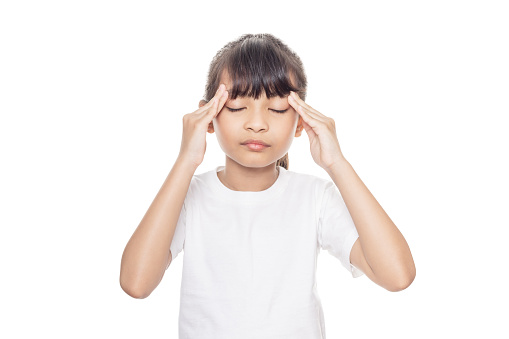 Young Asian girl having a headache isolated on white background with clipping path.