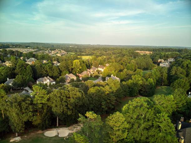istock Aerial panoramic view of an upscale subdivision shot during golden hour. 1634833183