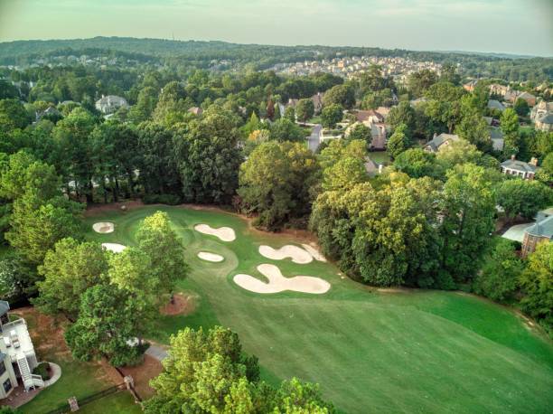 istock Aerial panoramic view of an upscale subdivision shot during golden hour. 1634838073