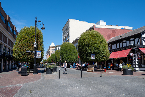 Victoria, British Columbia - August 2, 2023 - Street scene on bright clear sunny summer day.