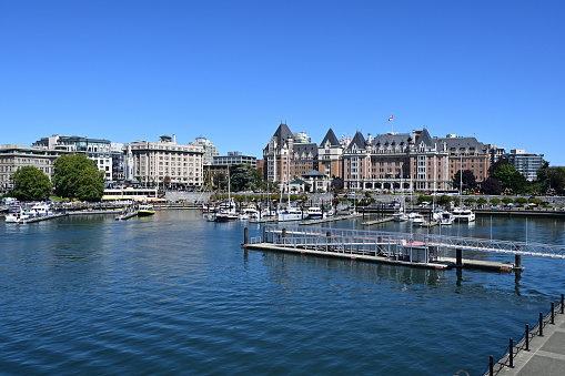 Victoria, British Columbia - August 2, 2023 - Victoria Harbour on calm clear sunny summer day.