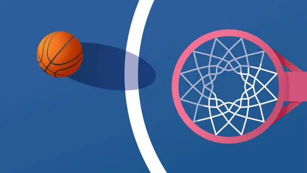 Vector illustration of basketball ball lying near hoop top view