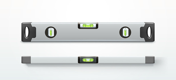 illustration of grey color spirit levels various views front and top on white backdrop