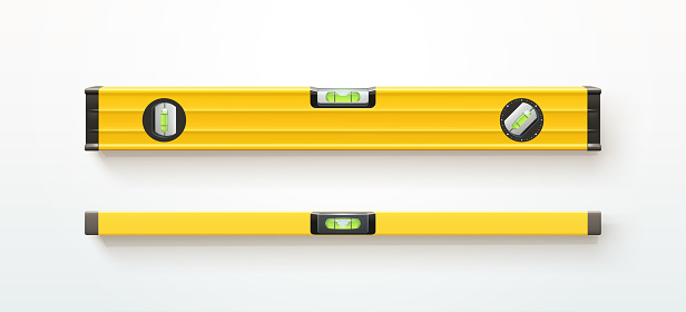 illustration of yellow color realistic design spirit levels front and top view with some shadow on white backdrop