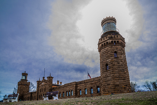 Wide angle image of the Navesink Twin Lights Lighthouse in New Jersey