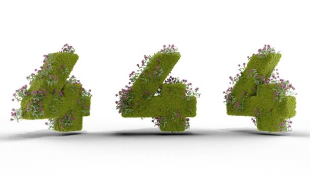 istock 3D rendering of three green numbers four decorated with grass and flowers on a white background 1634961114