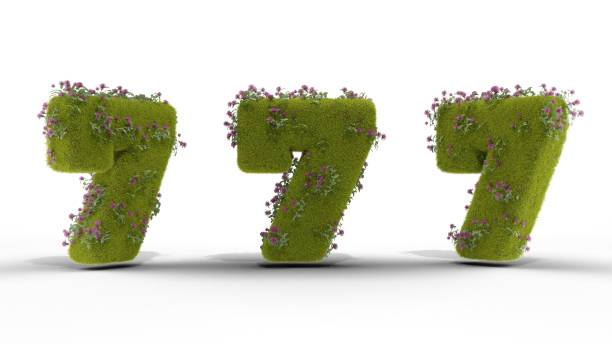 istock 3D rendering of three green numbers seven decorated with grass and flowers on a white background 1634961117