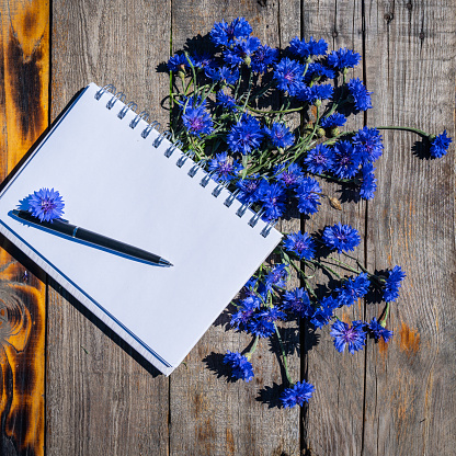 A notebook and a bouquet of cornflowers. Flowers of blue wildflowers with an empty notepad for notes on a wooden table. Notepad and cornflowers on a wooden table. a place to copy. Selective focus.