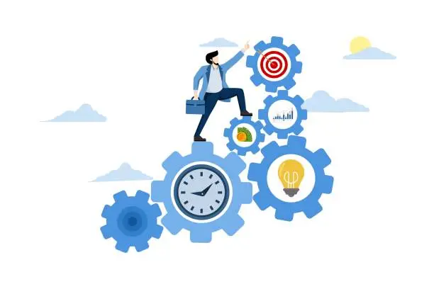 Vector illustration of concept of effectiveness, efficiency or productivity for better results, improve performance or process, business development or management, business entrepreneur with gears with effective elements.