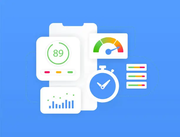 Vector illustration of Website Speed Test concept. Technical seo for enhance web page speed. Website loading speed vector isolated illustration on blue background with icons