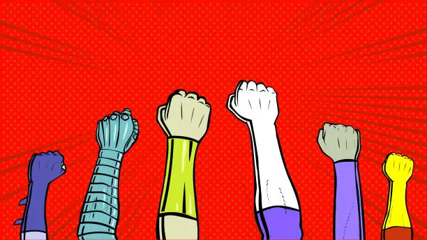 Vector illustration of Vector Pop Art Superhero Fist Up in the Air Stock Illustration