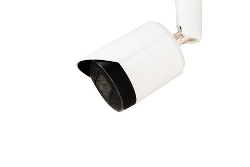 Small white CCTV security camera isolated in white background. Safety monitoring, Digital security camera technology concept of surveillance monitoring for safety.