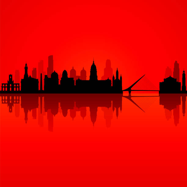 silhouette der skyline von buenos aires (alle gebäude sind vollständig, beweglich und sehr detailliert) - cable stayed bridge illustrations stock-grafiken, -clipart, -cartoons und -symbole