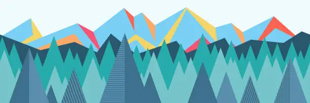 Vector illustration of Stylized landscape, abstract mountain view, seamless border