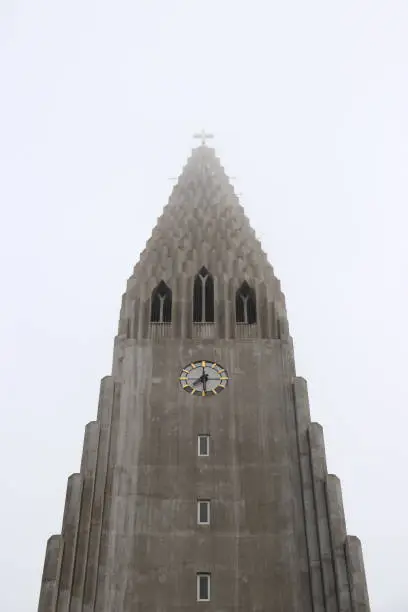 A close-up of Hallgrimskirkja church against a cloudy sky, Reykjavik, Iceland