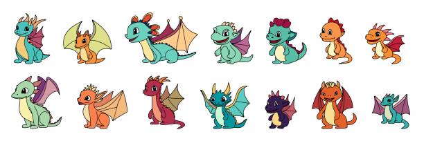 illustrazioni stock, clip art, cartoni animati e icone di tendenza di grande set di simpatici draghi. - dragon color image fairy tale imagination
