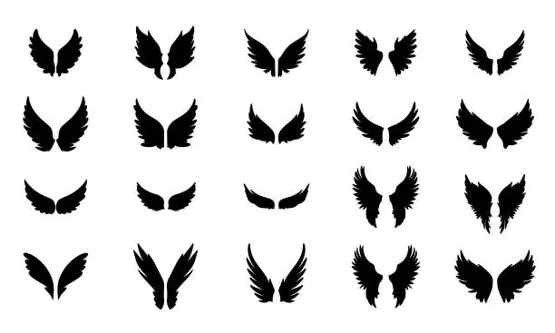 Vector illustration of Big collection of wings silhouette.