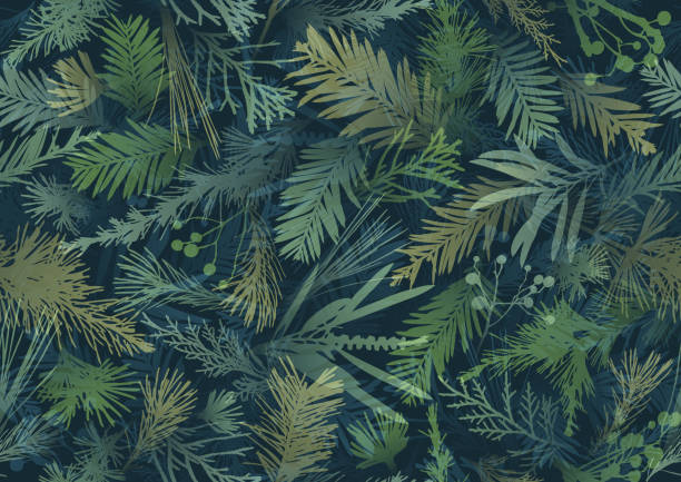 Seamless camouflage winter plants pattern wallpaper background Seamless khaki green camouflaged abstract textured floral winter Christmas plant patterns wallpaper vector background woodland camo stock illustrations