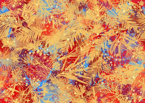 Seamless rough red, blue and gold Christmas winter snowflake and plants grunge pattern design background vector illustration for use on Christmas cards and wrapping paper designs.