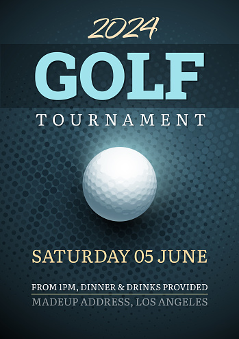 Poster for a golf competition with a glowing blue golf ball and textured pattern on dark background