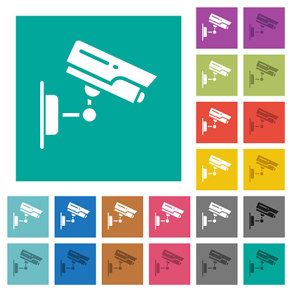 CCTV camera multi colored flat icons on plain square backgrounds. Included white and darker icon variations for hover or active effects.