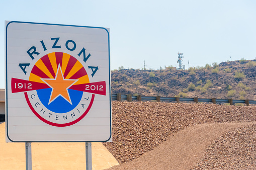 Welcome to Arizona state, A welcome sign at the Arizona state border, write background