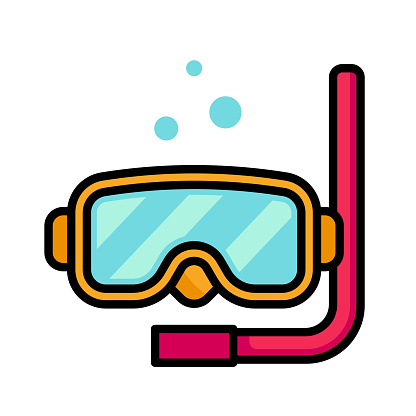 Vector illustration of a diving mask with snorkel against a white background in line art style.