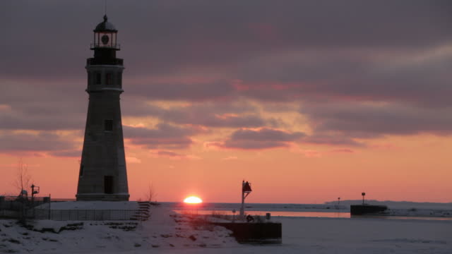 Lighthouse sunset on Great Lakes during Winter