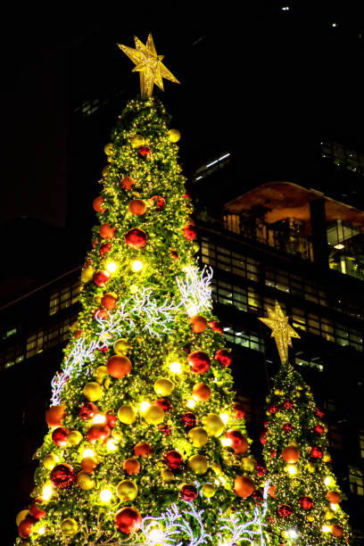 istock Outdoor shiny large Christmas tree glowing at night 1635188214