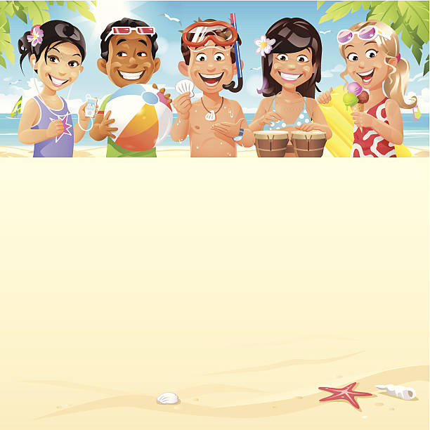 Kids On The Beach Five cheerful children enjoying summer activities on a tropical beach. Summer vacation background or banner with space for text. EPS 10- image contains transparencies (sun, highlights on beach ball), fully editable, grouped and all labeled in layers. cartoon of a african bongo drums stock illustrations