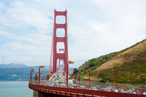 SAN FRANCISCO, CA,USA - 2015, JULY 1: Golden Gate bridge with cars, trucks, buses, pedestrians and cyclists